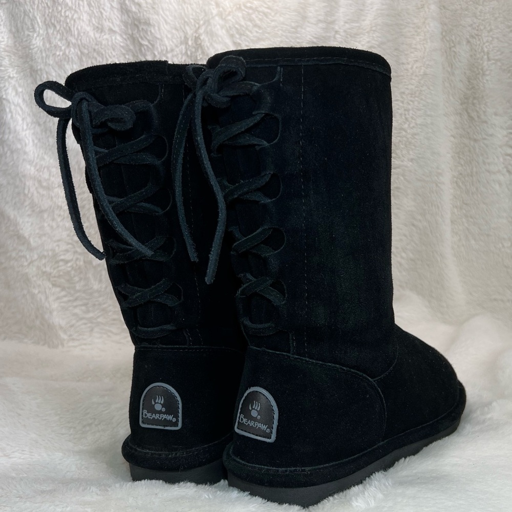BearPaw Fur-Lined, Black Suede, Ghillie Lace-Up, Phylly Boots (Size 8)